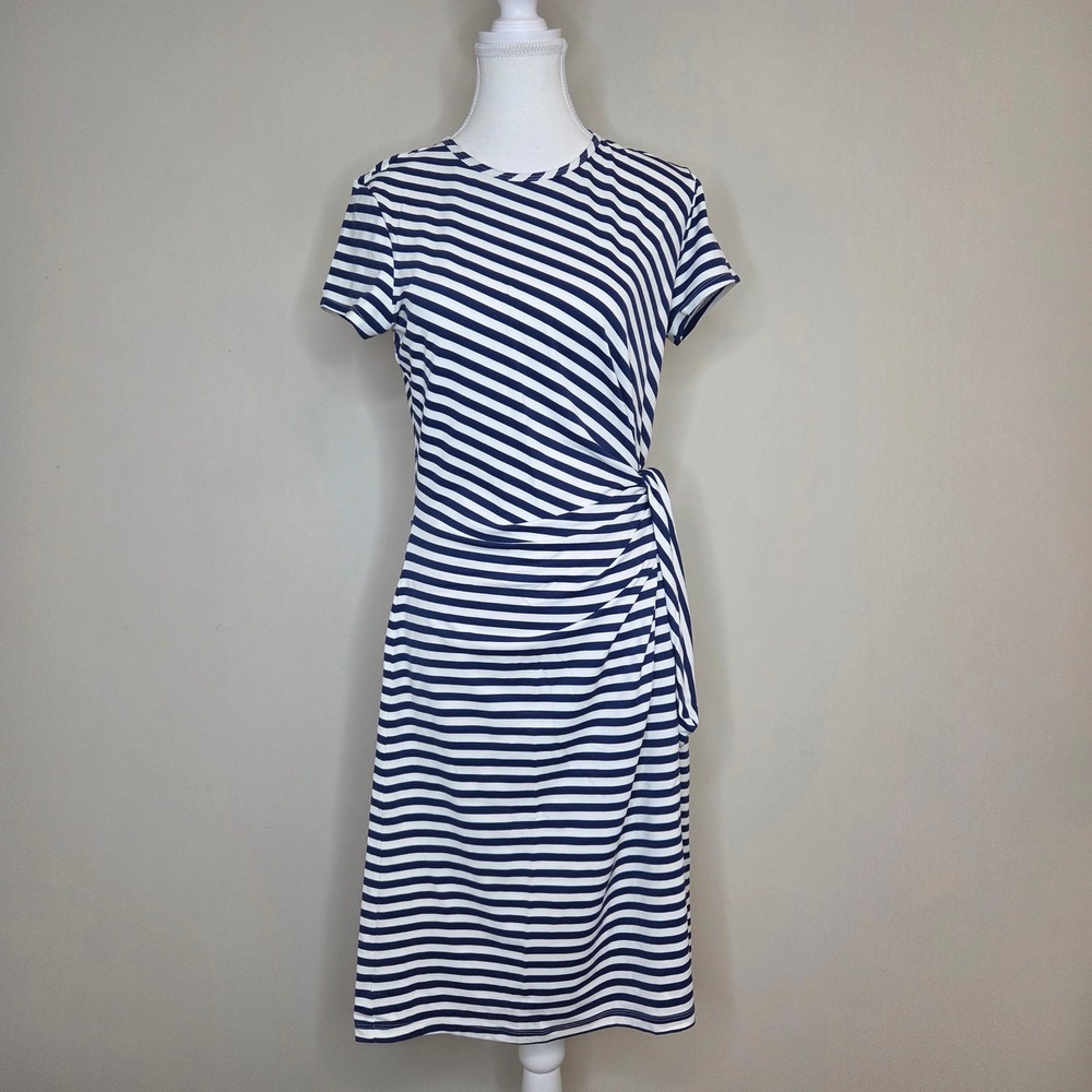 J.McLaughlin Elora Navy White Striped Side Tie Dress Womens Medium Short Sleeve